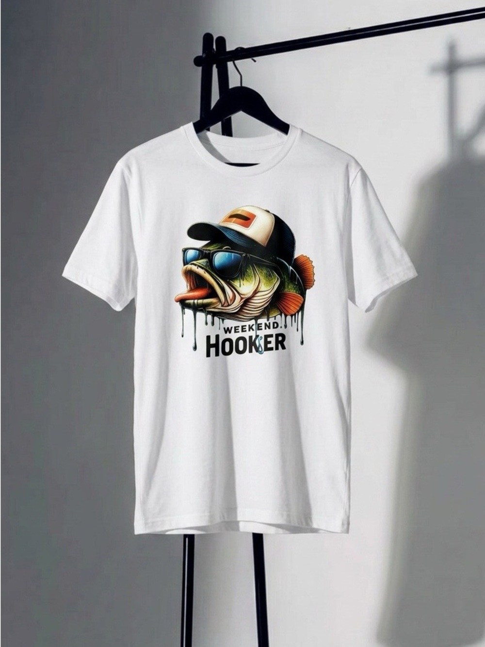 Gildan White Tee with Colorful Fish Graphic and Trucker Hat